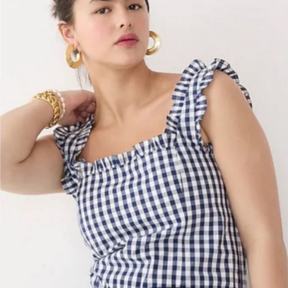 J. Crew Ruffle Trim Gingham Check Smocked Top Blouse Size XS White Navy Blue